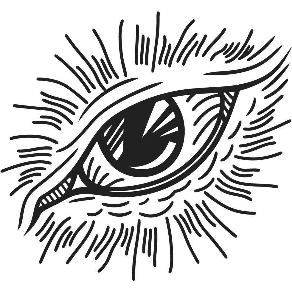 Mystical eye illustration with radiating lines black and white hand drawn symbol, abstract vision and enlightenment concept vector