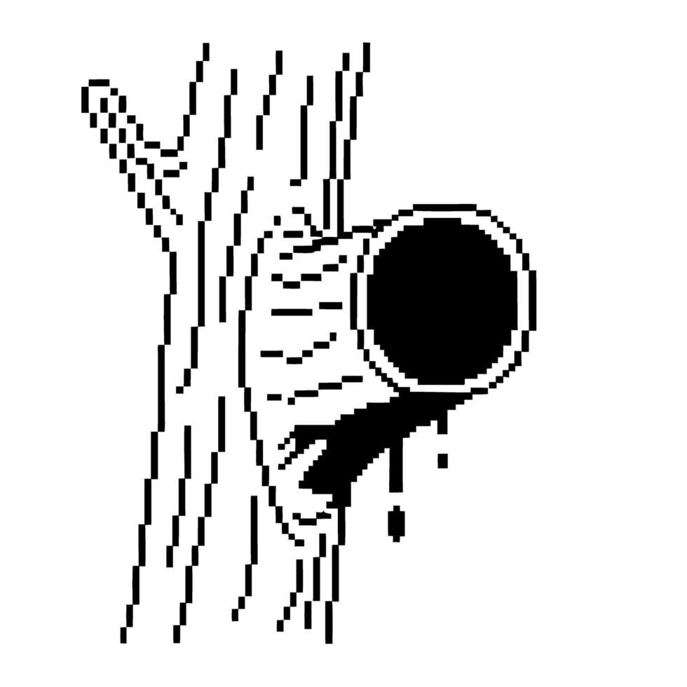 Black and white tree trunk with hollow opening and dripping sap minimalist pixel art nature design, forest element vector