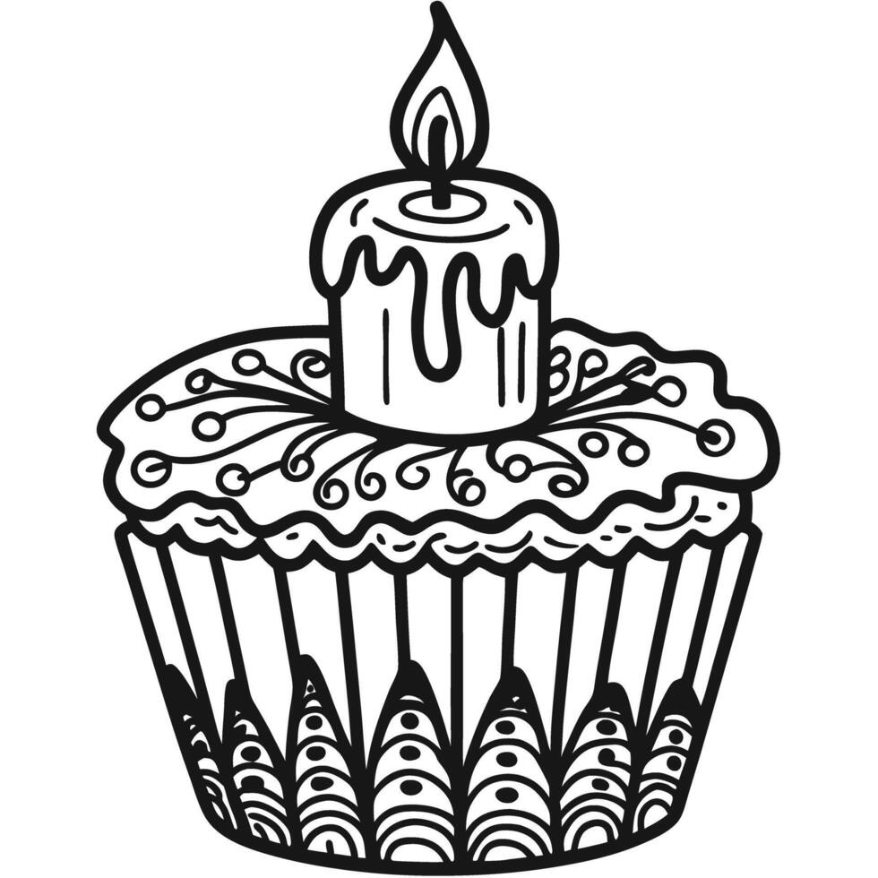 Cupcake with lit candle for celebration black and white outline illustration vector