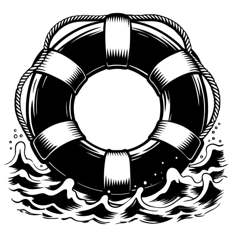 Classic lifebuoy ring floating on water waves maritime rescue equipment safety symbol in vintage black and white illustration vector