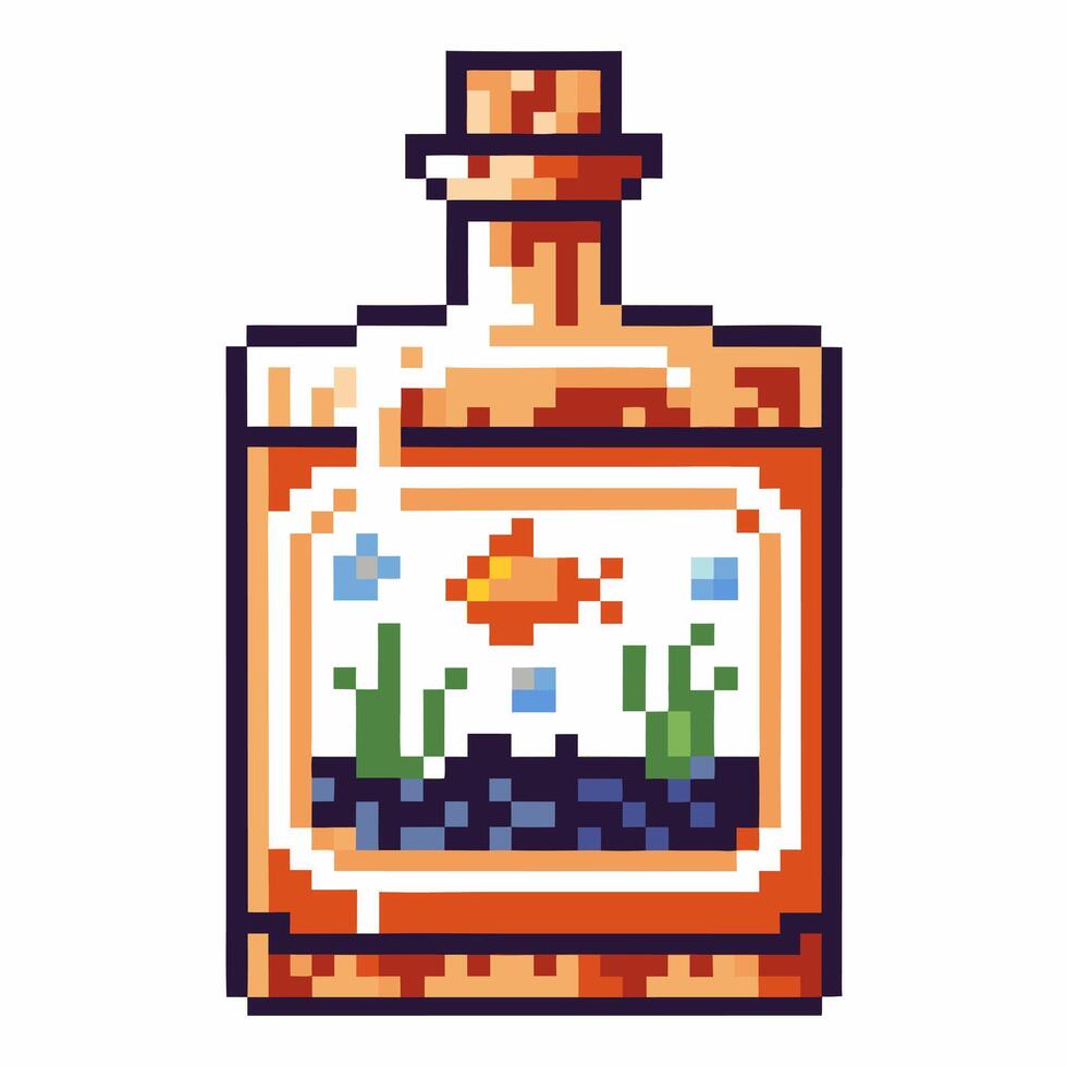 Pixel art potion bottle with sun and flowers, retro game vector