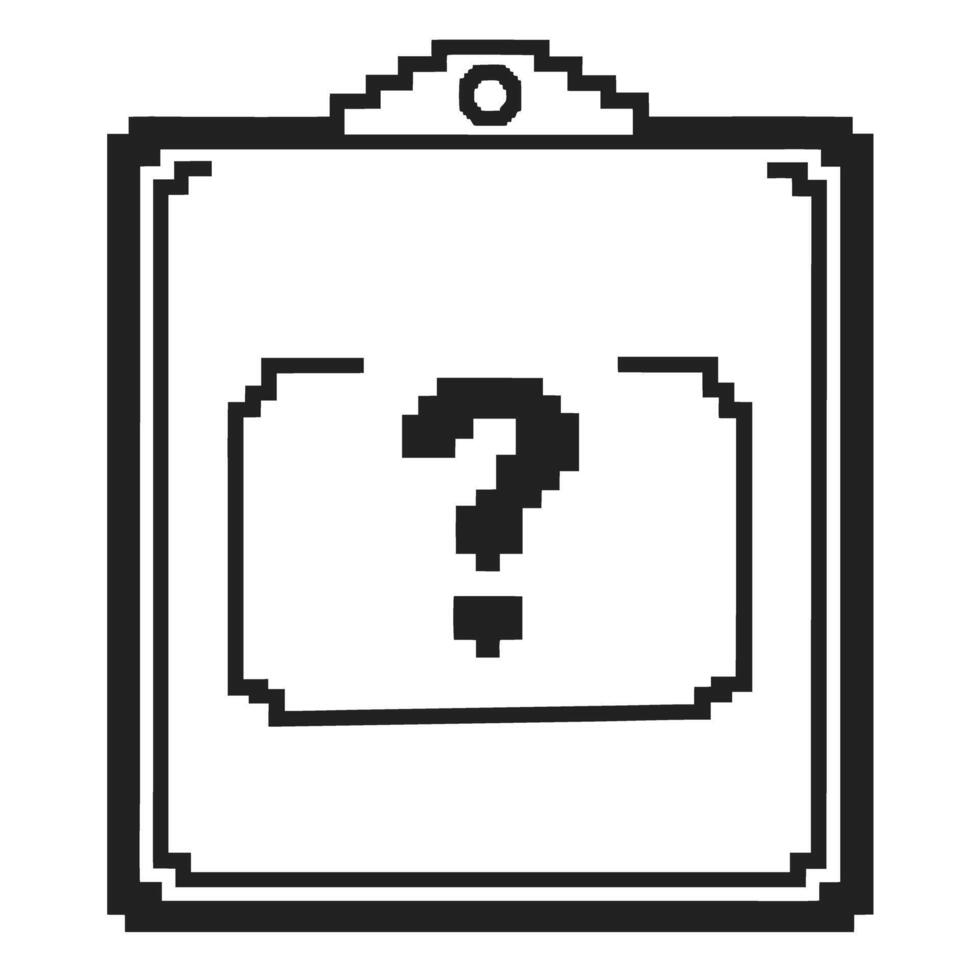 pixel art clipboard icon with question mark retro style, digital display, isolated graphic element vector