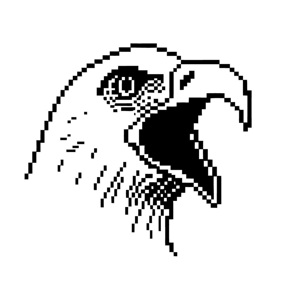 Pixel art hawk head illustration open beak raptor bird, digital black and white minimalist animal graphic design vector