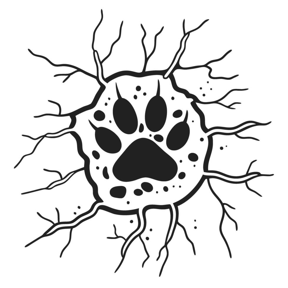 animal paw print with cracked ground effect, wild footprint symbol, nature conservation and wildlife tracking concept vector