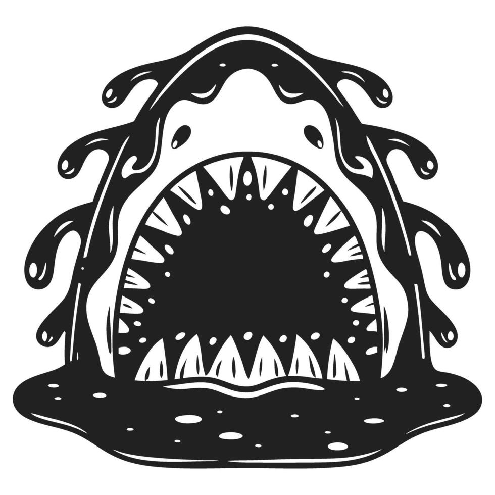 Fierce open shark mouth with sharp teeth, aggressive predator illustration, ocean danger, marine wildlife attack symbol vector