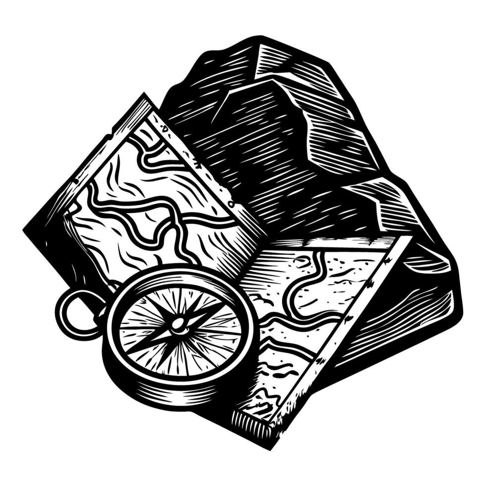 Vintage adventure tools compass, map, and mountain illustration for exploration and navigation vector