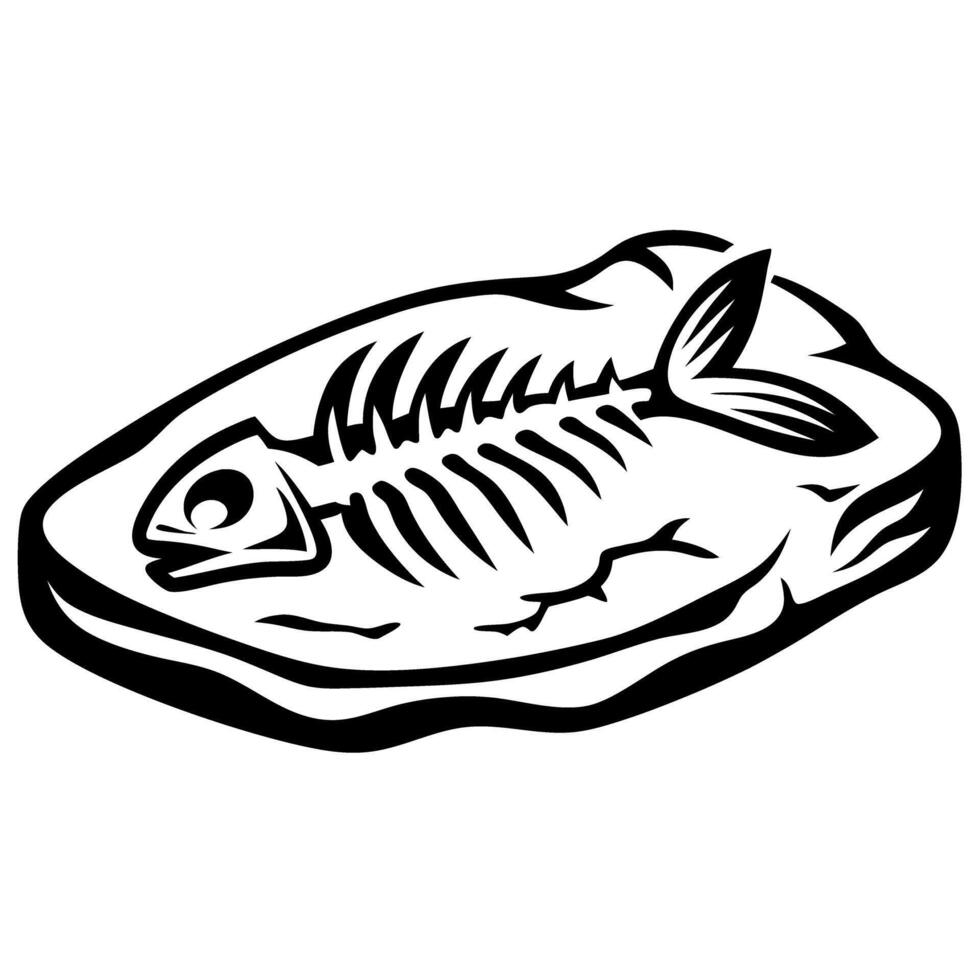 Fish skeleton on plate grilled seafood bones, simple black and white illustration, minimalist animal remains, culinary concept vector