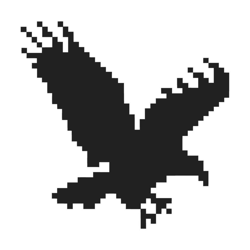 Pixelated black bird silhouette with wings spread, retro digital animal icon, isolated on white background vector