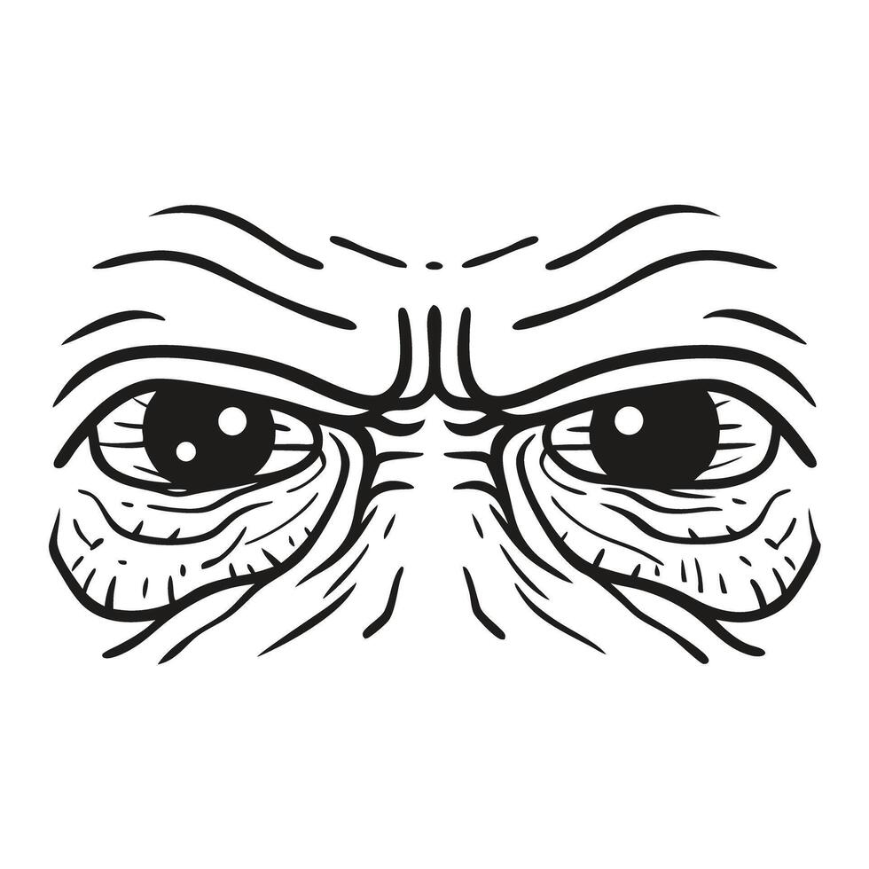Aged human eyes with deep wrinkles detailed black and white line art showing expressive, tired, wrinkled facial features vector