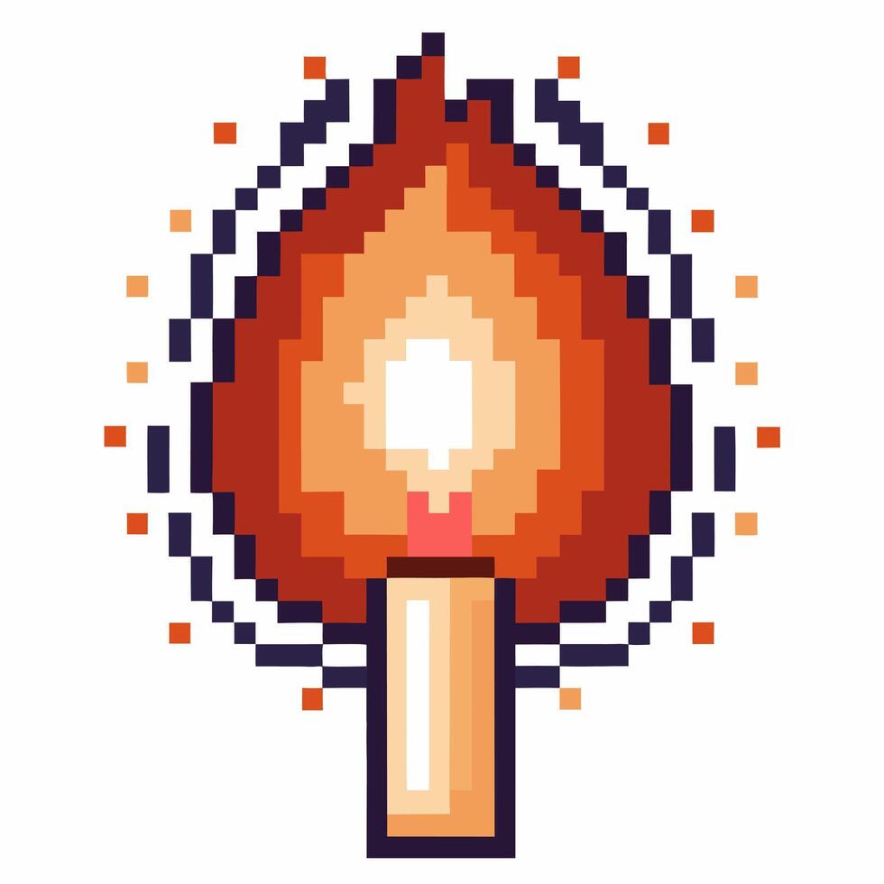 Pixel art candle flame icon, bright glowing light, digital retro illustration symbolizing warmth and hope vector