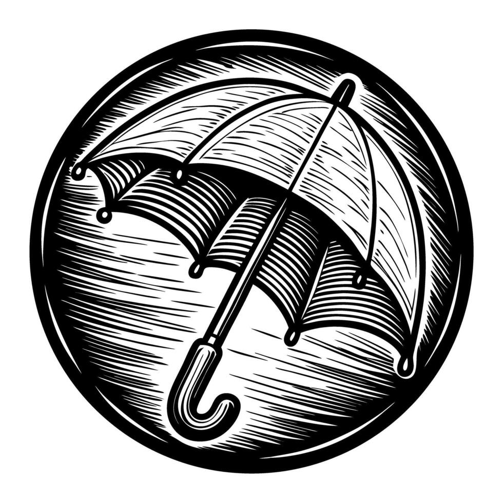 Vintage umbrella icon in monochrome woodcut vector