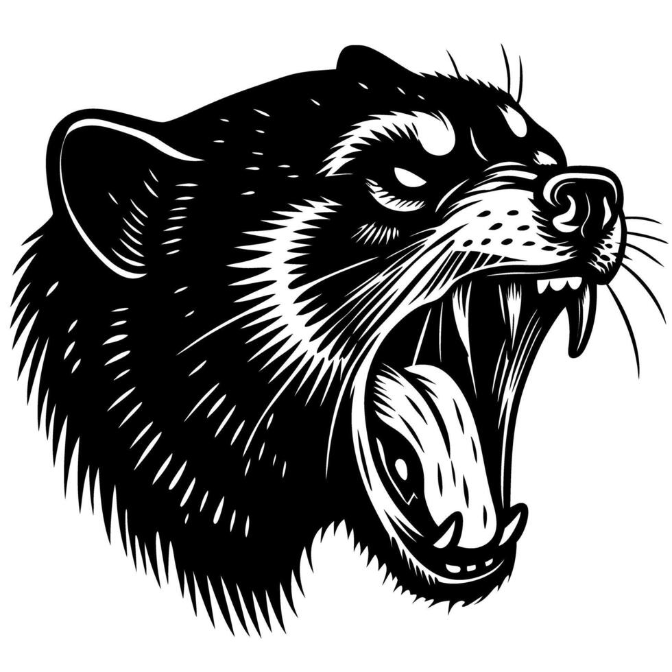 Roaring wild animal head illustration aggressive open mouth, sharp teeth, black and white wildlife art, fierce predator design vector