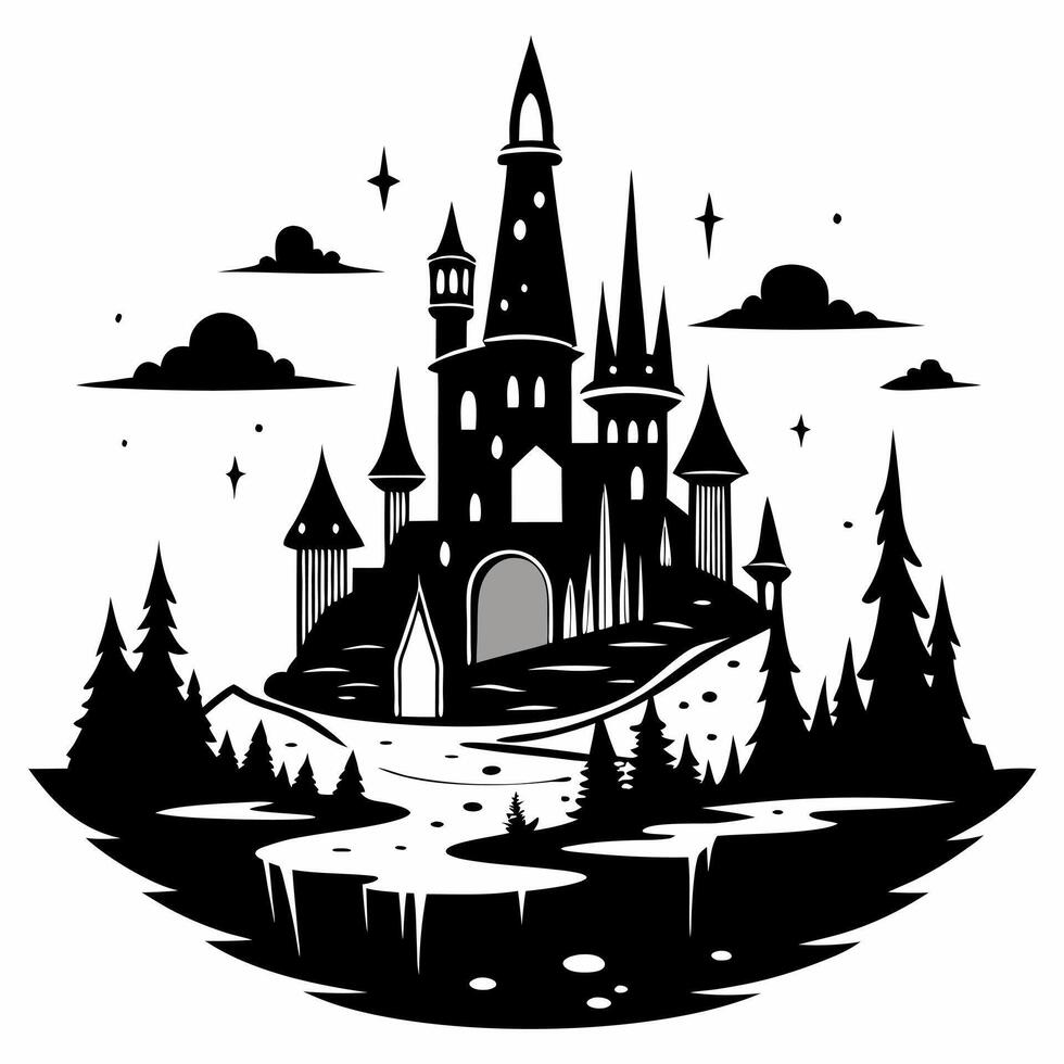 Enchanting Fantasy Castle with Surreal Landscape in Black and White vector