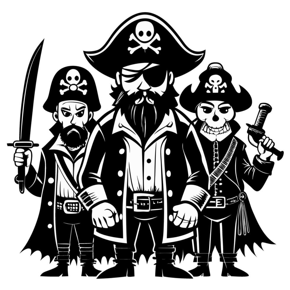 Pirate crew illustration with swords and hats in black and white style vector