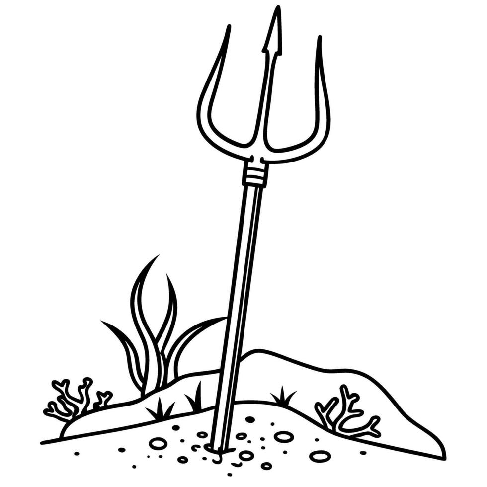 Trident in ocean floor underwater scene with coral and sea plants, simple black outline design vector
