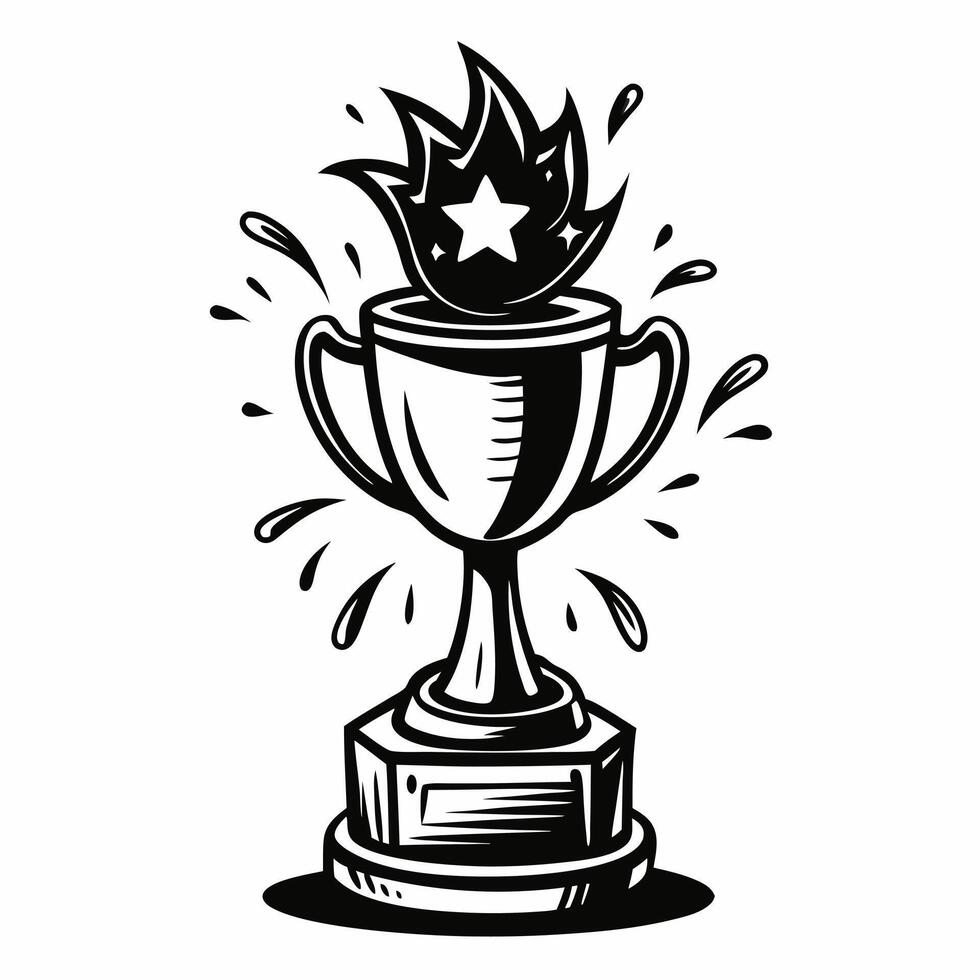Monochrome Trophy Illustration with Flaming Star Symbolizing Victory and Achievement vector