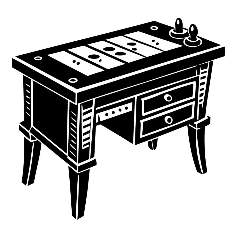 Vintage Linocut Style Wooden Desk Illustration with Drawers and Knobs vector