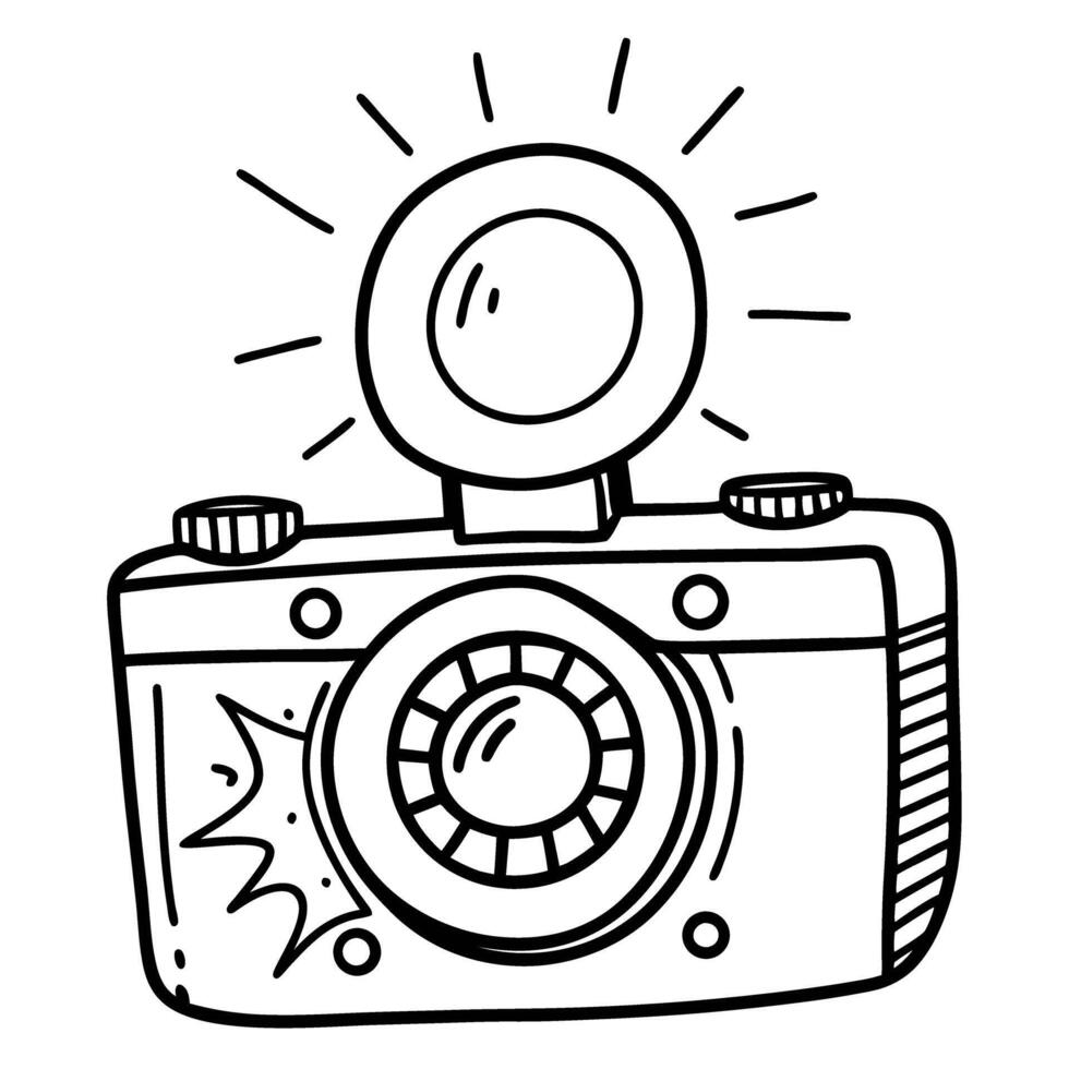 Retro camera illustration with flash vintage line art design nostalgic concept vector