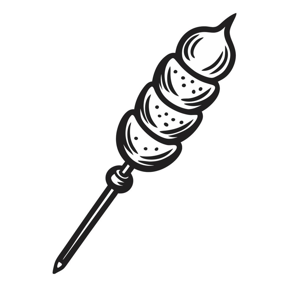 Black and white doodle of skewered dumplings in a hand drawn style vector