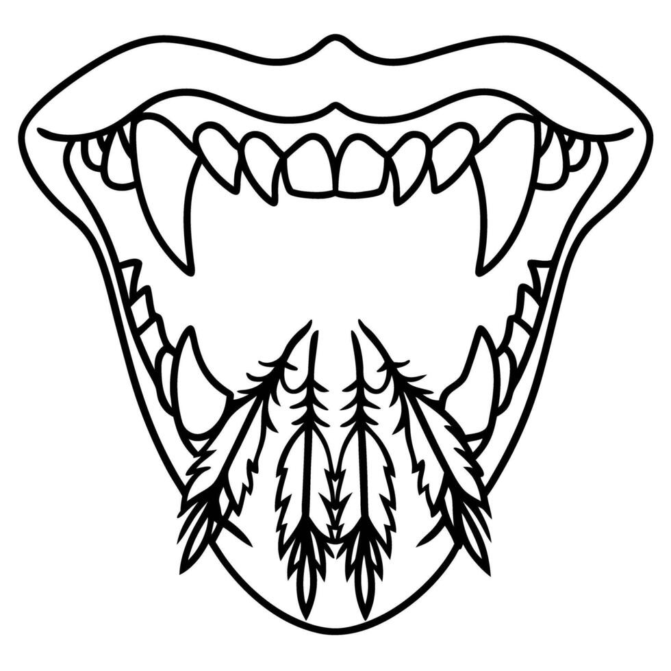 vampire mouth with sharp fangs and open jaw, feathers inside, mythical creature, fantasy line art illustration vector