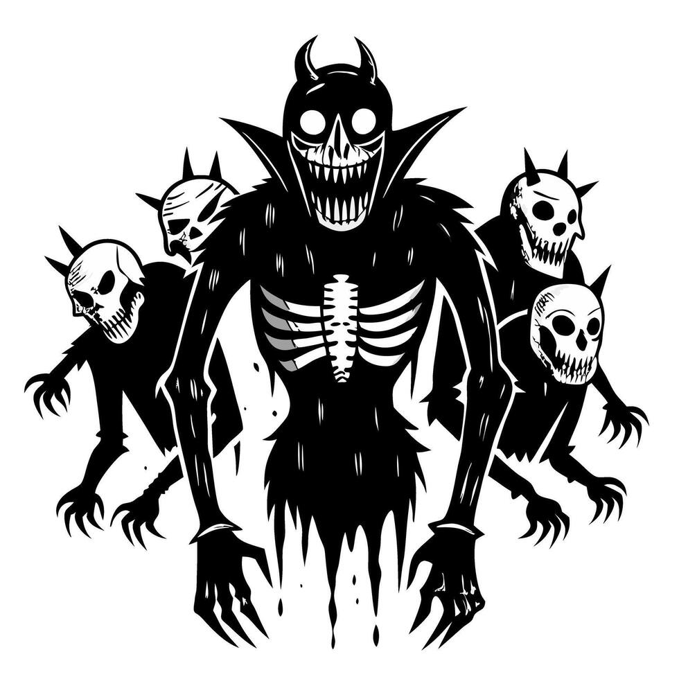 Monstrous dark figures with skull faces and horns in eerie silhouette vector
