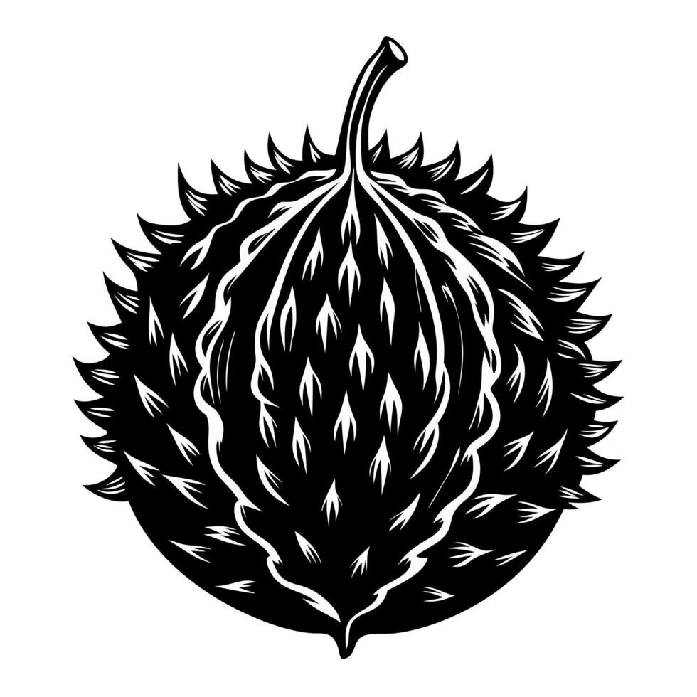 Black and white illustration of a durian fruit with detailed spikes vector
