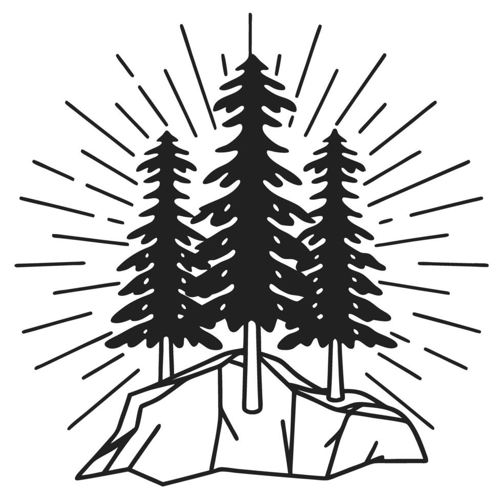 Illustration of pine trees on mountain rock with decorative radial lines rustic nature design, vintage forest scene vector