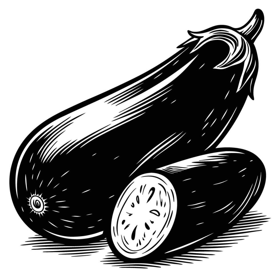engraved eggplant illustration black and white vegetable art with whole and sliced aubergine vector