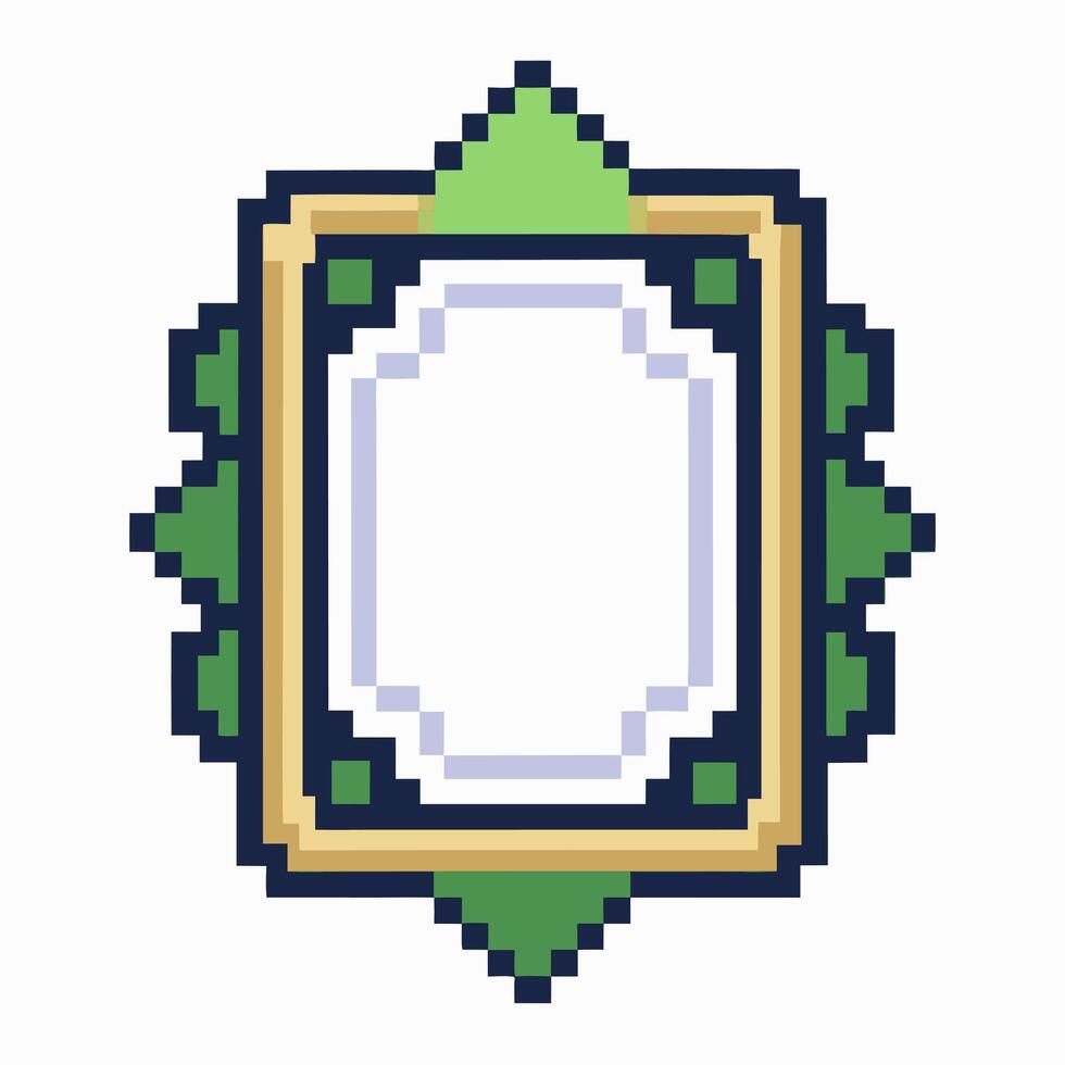 Pixel Art Decorative Frame with Green and Gold Ornate Design on White Background vector