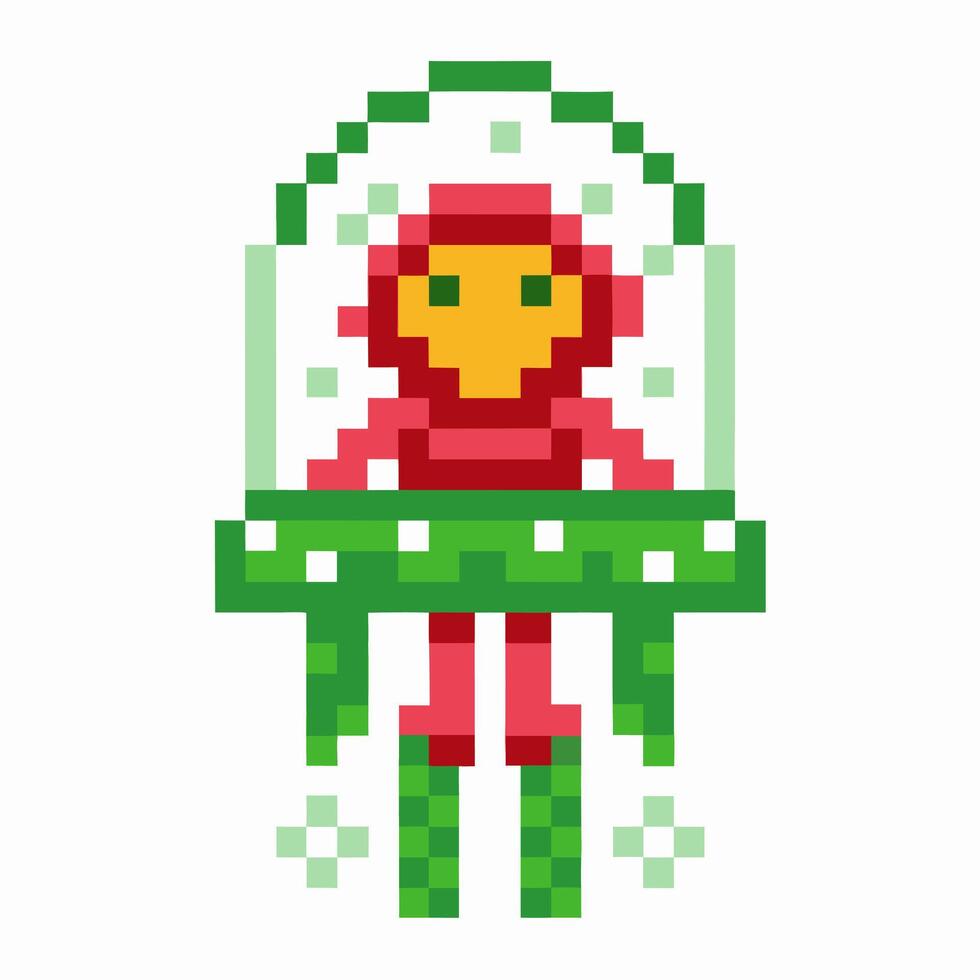 Pixel art alien in spacecraft, retro green ufo design, classic gaming aesthetic vector