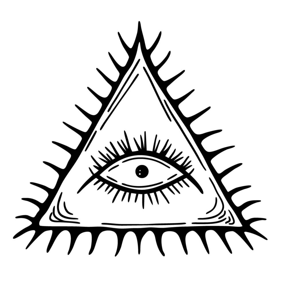 All seeing eye pyramid symbol, mystical illuminati emblem with radiating light rays vector