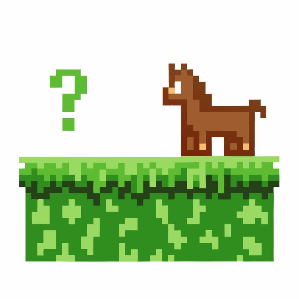 Pixelated horse and question mark on grass platform vector
