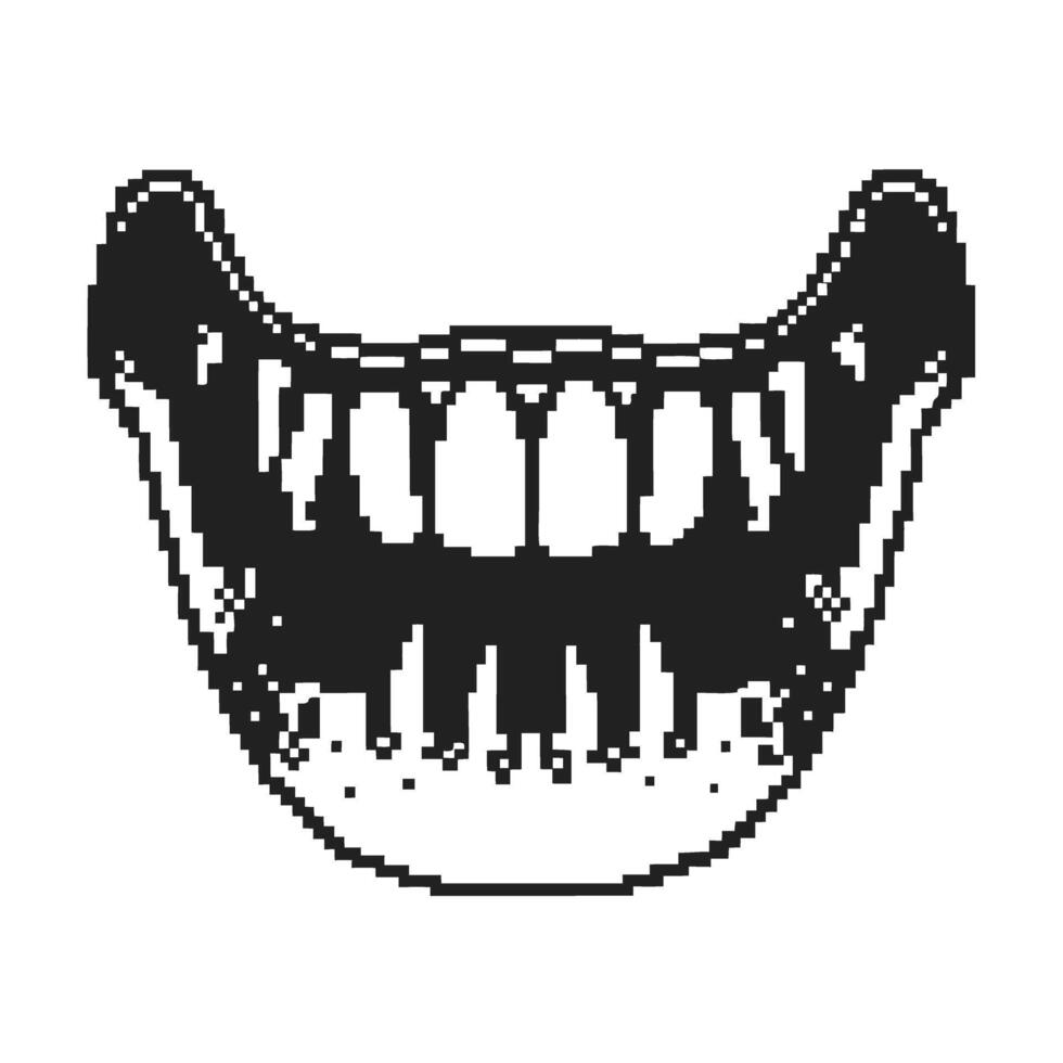 Pixel art human jaw with teeth digital black and white illustration of smiling mouth, bones and dental structure vector