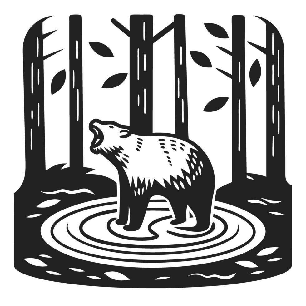 Roaring bear standing in forest clearing with trees and leaves monochrome wild animal nature scene, wildlife silhouette art vector