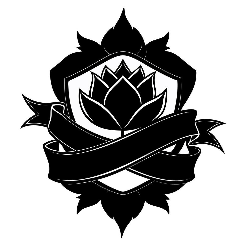 Elegant lotus emblem with shield and banner design in monochrome vector