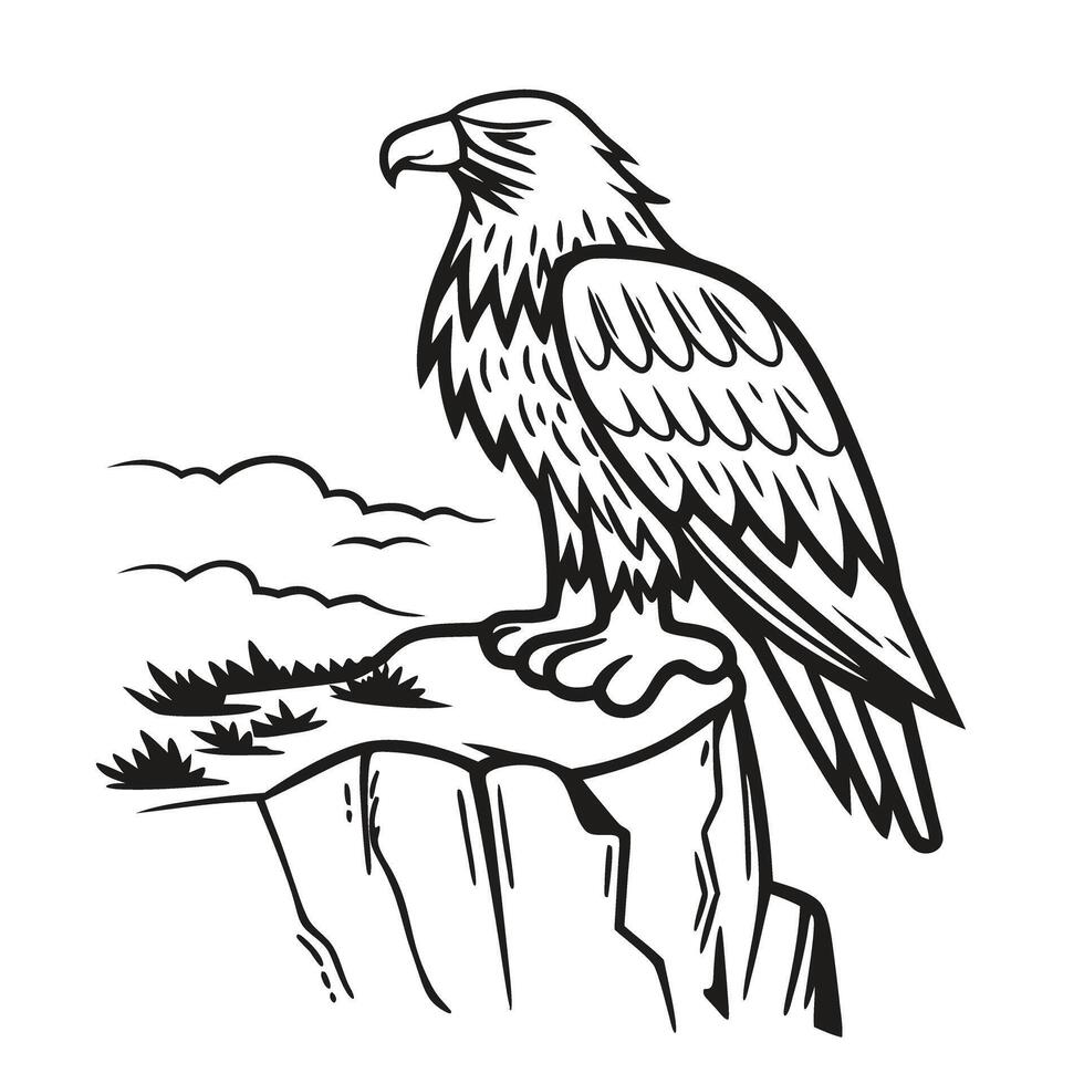 Eagle perched on cliff with clouds majestic bird, nature wildlife illustration vector