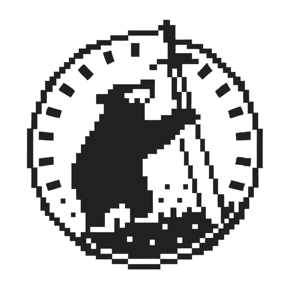 Pixelated bear with staff inside circular frame, digital art, black and white retro icon vector