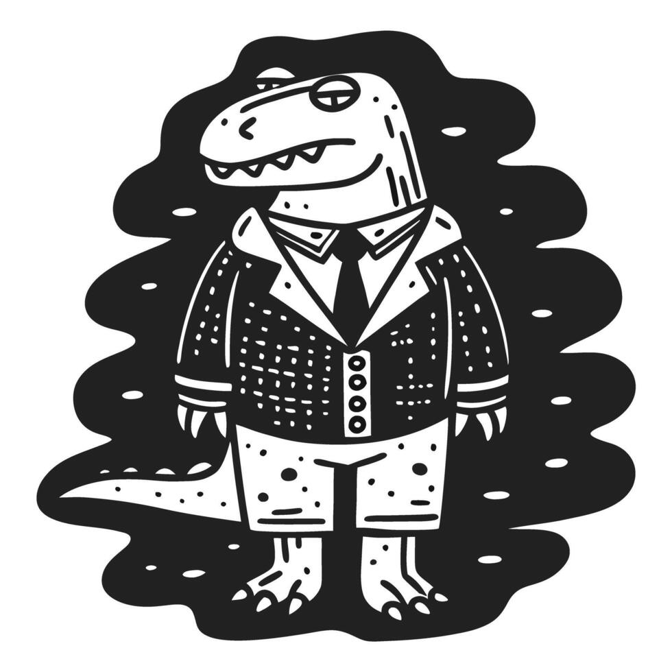 Dapper alligator in suit, whimsical black and white illustration, formal attire, animal character vector