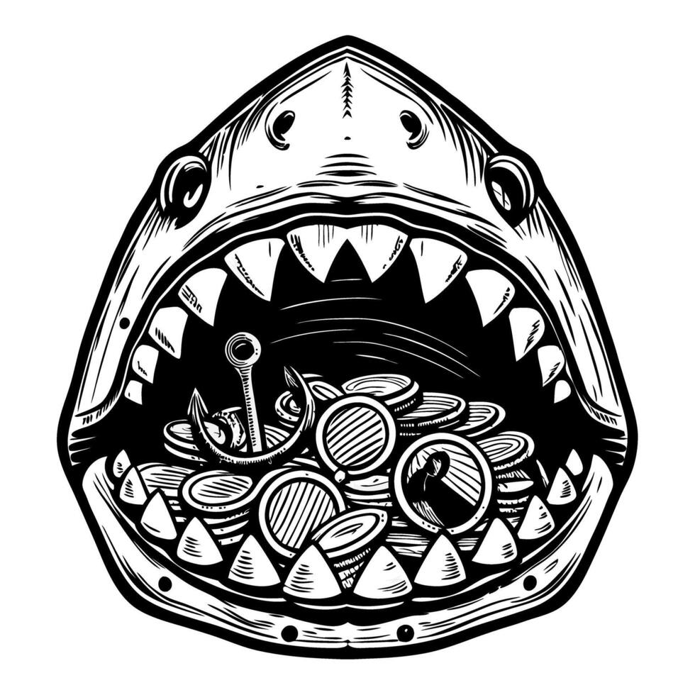 Shark head with open mouth full of coins and fishing hook, aggressive jaws, danger and greed concept, black and white illustration vector