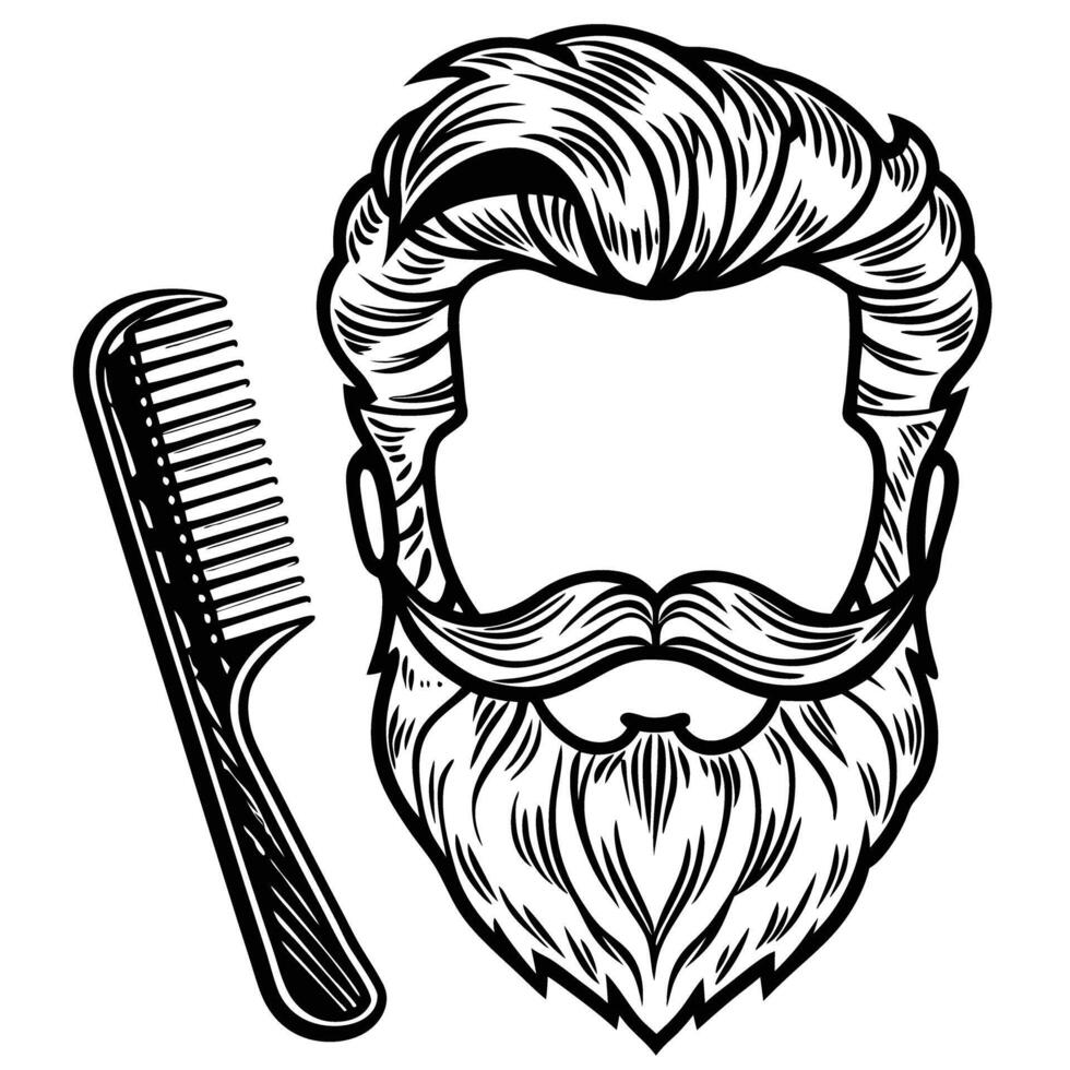 Stylish beard and mustache illustration with comb grooming, grooming tools, gentleman's fashion, barbershop art vector