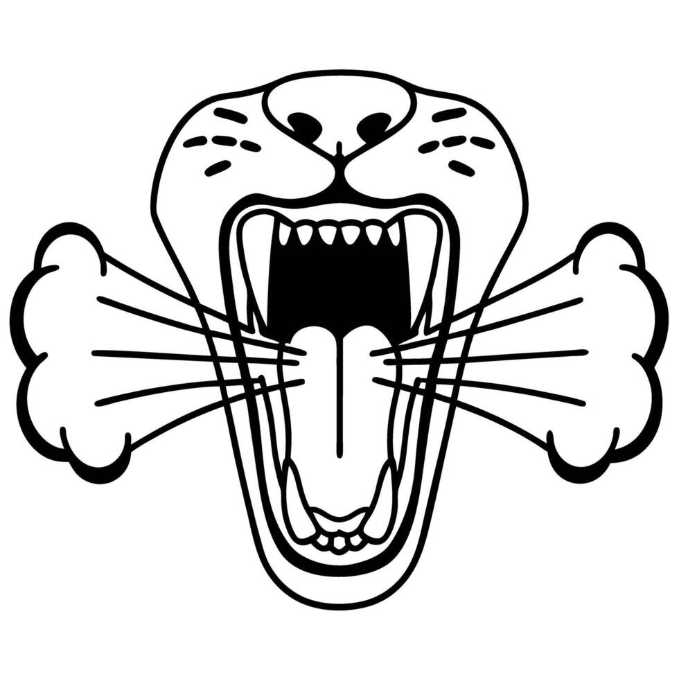 Roaring wild feline with open mouth biting bone, animal aggression and strength, bold black outline illustration vector