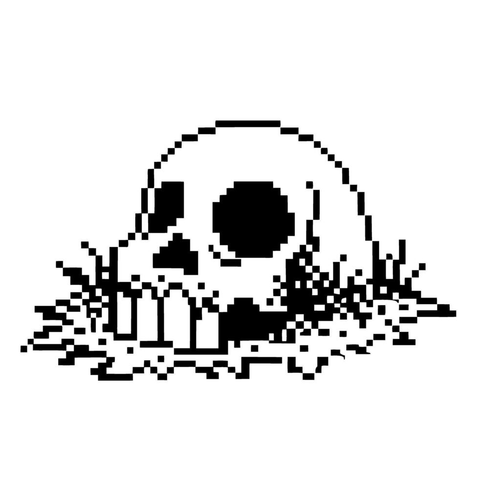 Pixel art skull resting on grass retro 8 bit illustration, monochrome black and white spooky aesthetic, halloween horror icon vector