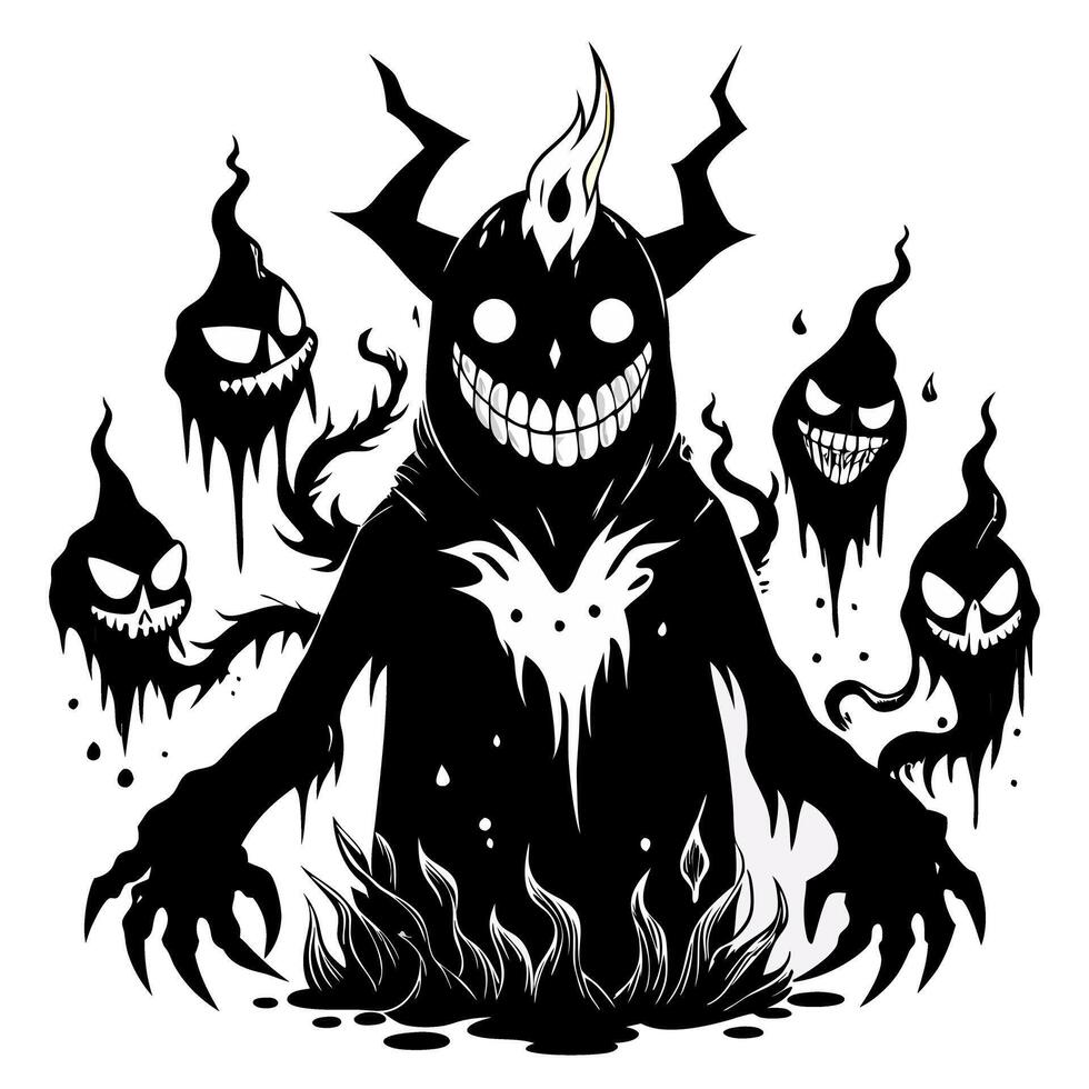 Creepy Shadow Monsters with Grinning Faces in Black and White Illustration vector
