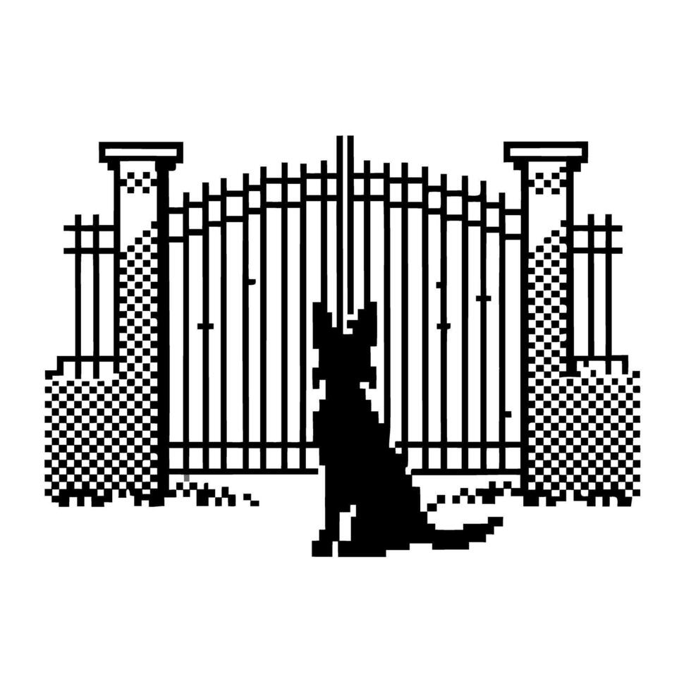 Pixel art guard dog sitting in front of wrought iron gate black and white fence security, canine protection concept vector