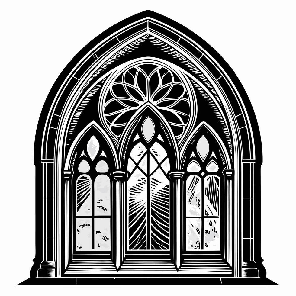 Stained Glass Gothic Arch Window Intricate Black and White Design vector