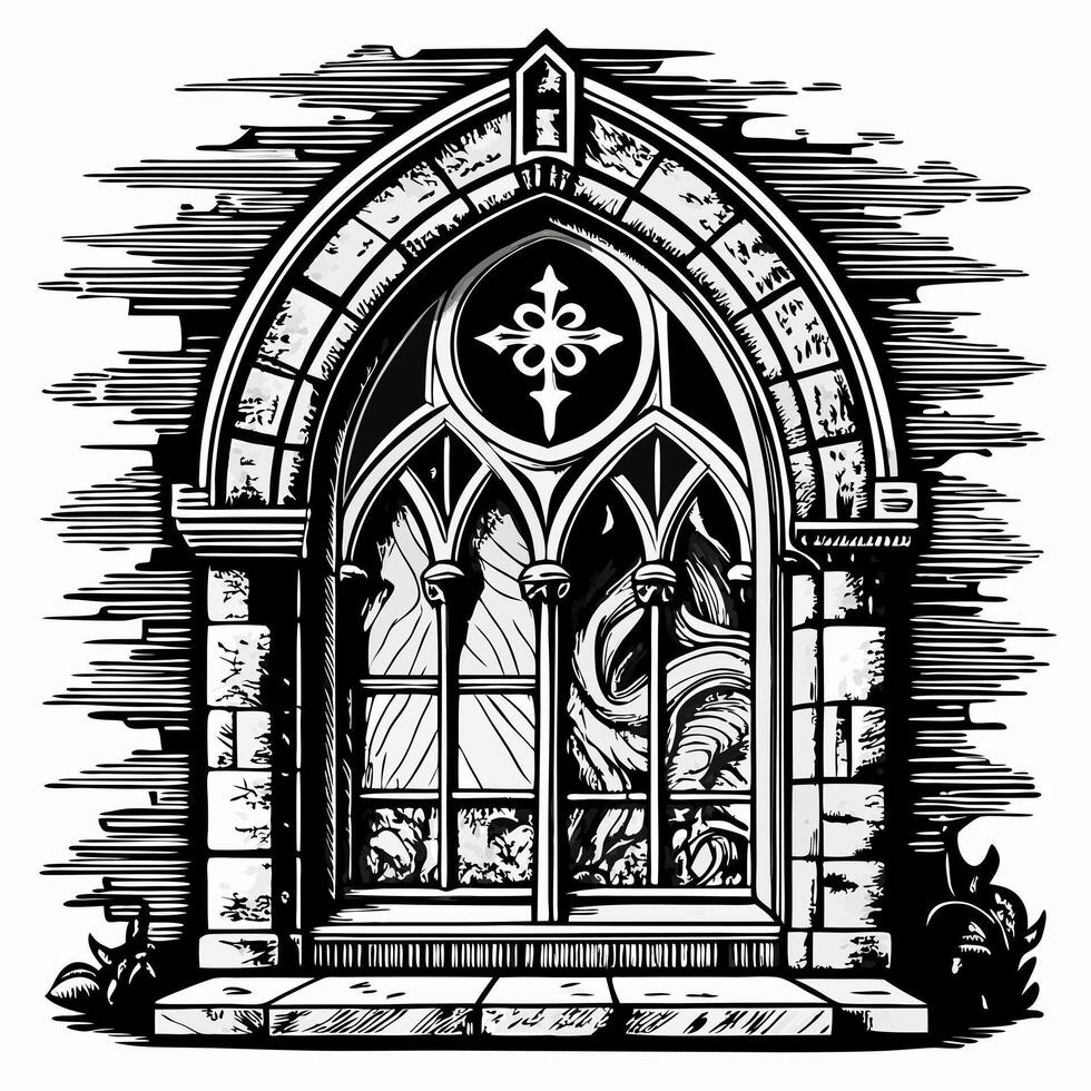 Gothic Arch Window with Intricate Detailing in Black and White Illustration vector