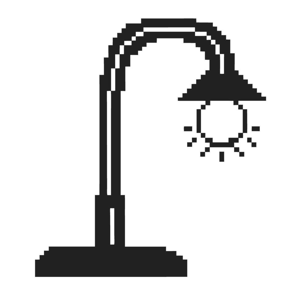 Pixelated streetlamp icon with glowing light, blocky minimalist black design vector