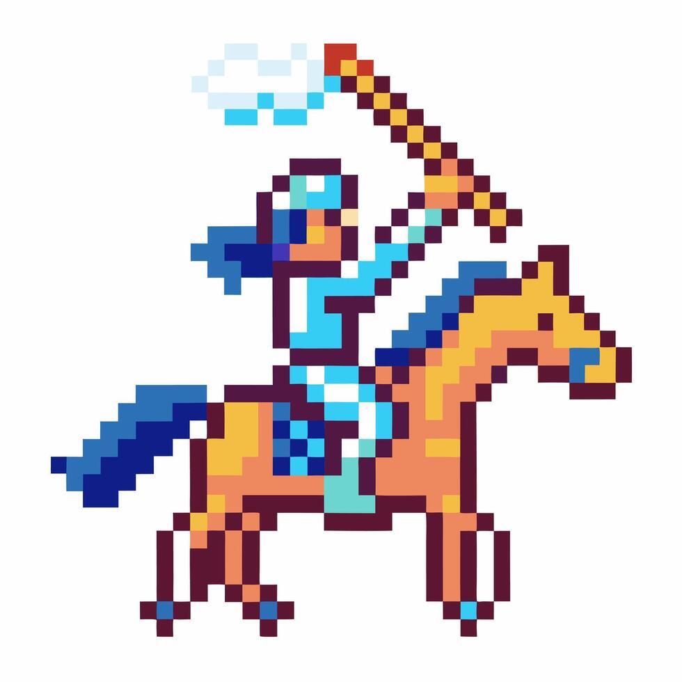 pixel art knight on horseback with lance raised, medieval fantasy adventure in retro vector