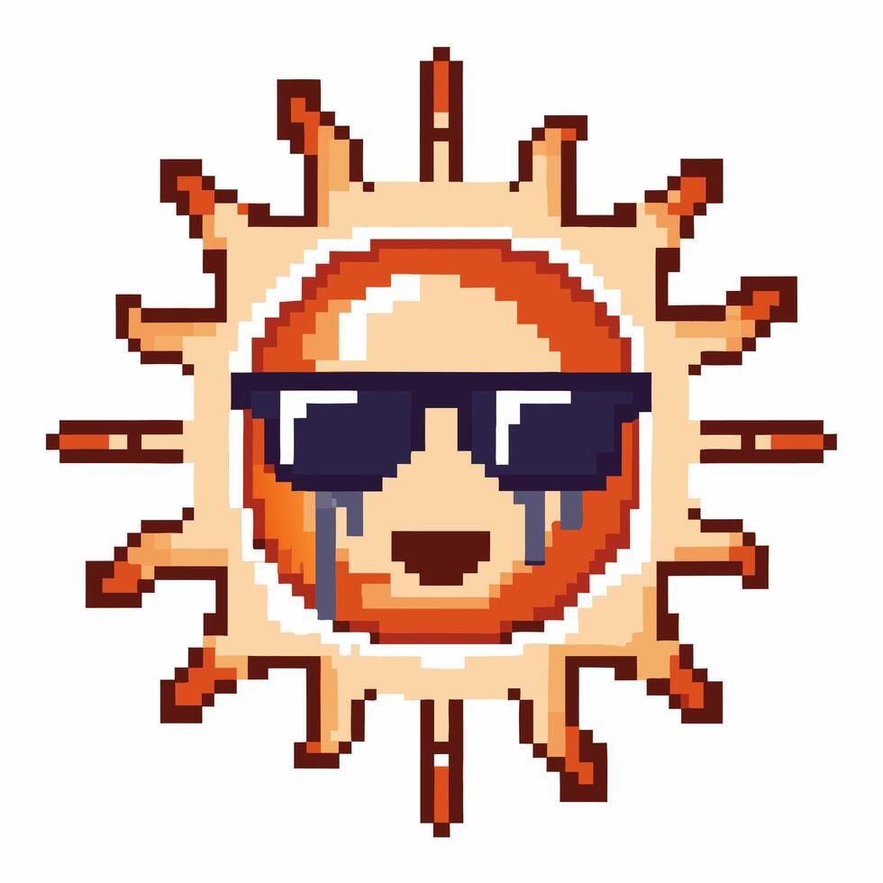 Pixel art sun wearing sunglasses with cool expression and stylized rays vector