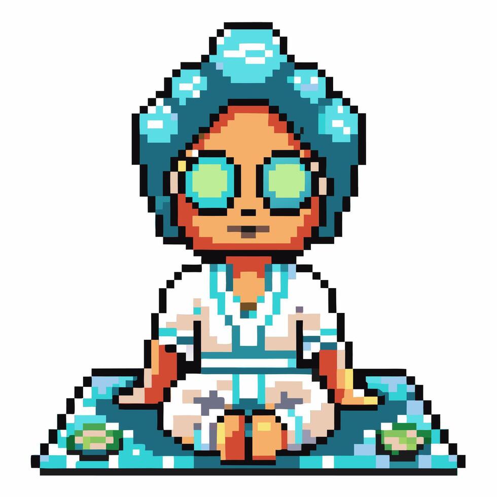 Pixel spa meditation relaxed character in white robe with face mask, towel, sitting cross legged with calm wellness atmosphere vector